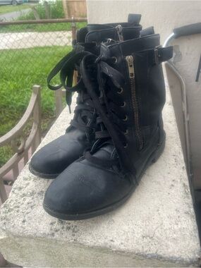 Black Lace-Up Combat Boots with Side Zipper
